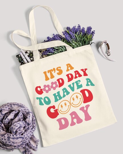 AUSVKAI; Canvas Tote Bag Aesthetic Cute For Women Y2K School Grocery Bag Cotton Cloth Beach Totes Gift For Kids Girl-Its A Good Day; Category:Bags & Totes; Image:1